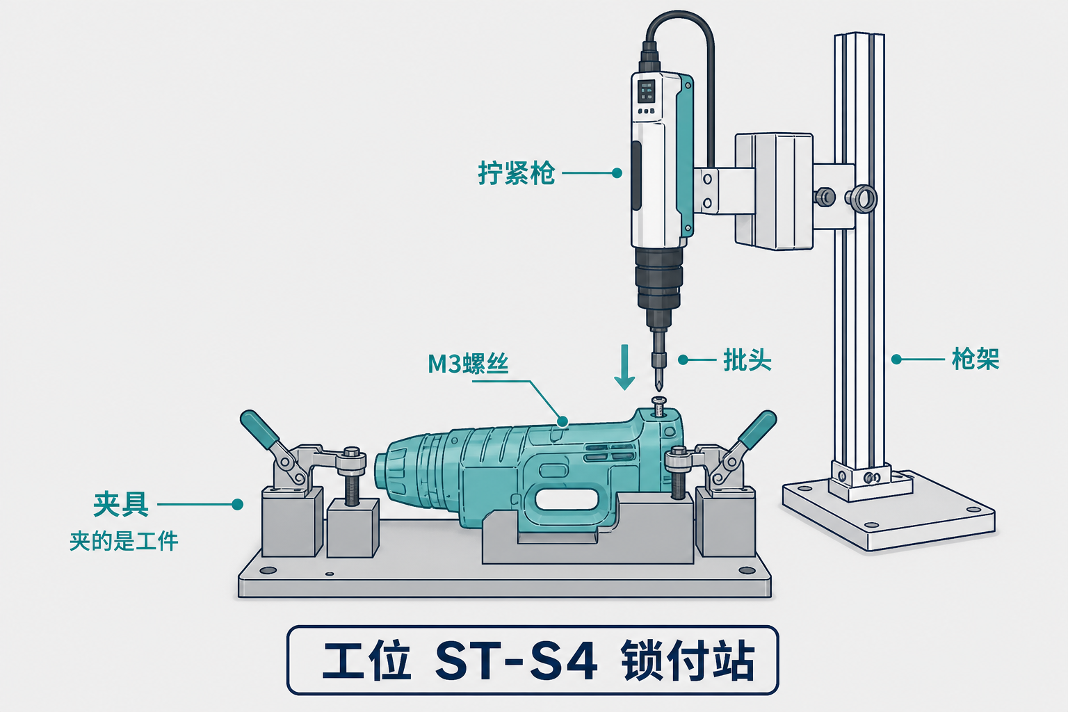 锁付站：夹具夹工件，枪架托枪，批头拧螺丝